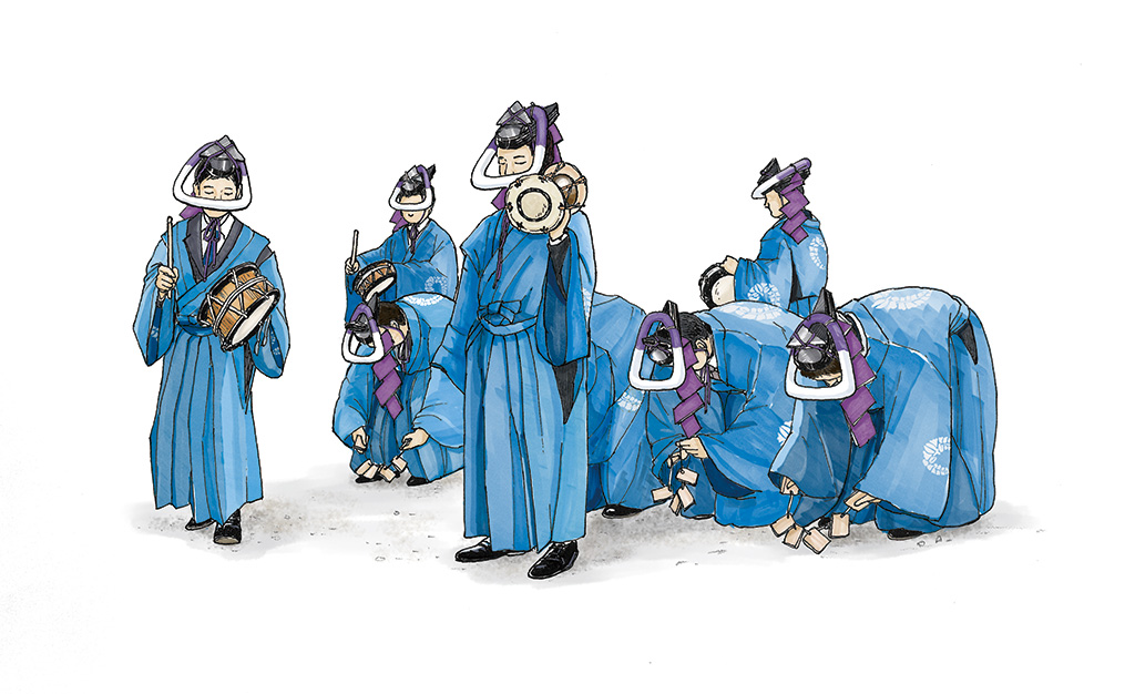 イラスト。4人の男性が屈んで、糸で束ねた木札を手に持っている。その周りを太鼓を持った男性が囲んでいる。全て青い和装。